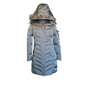 Eddie Bauer Coat Womens XS PETITE Down Parka Gray Silver Faux Fur Hood